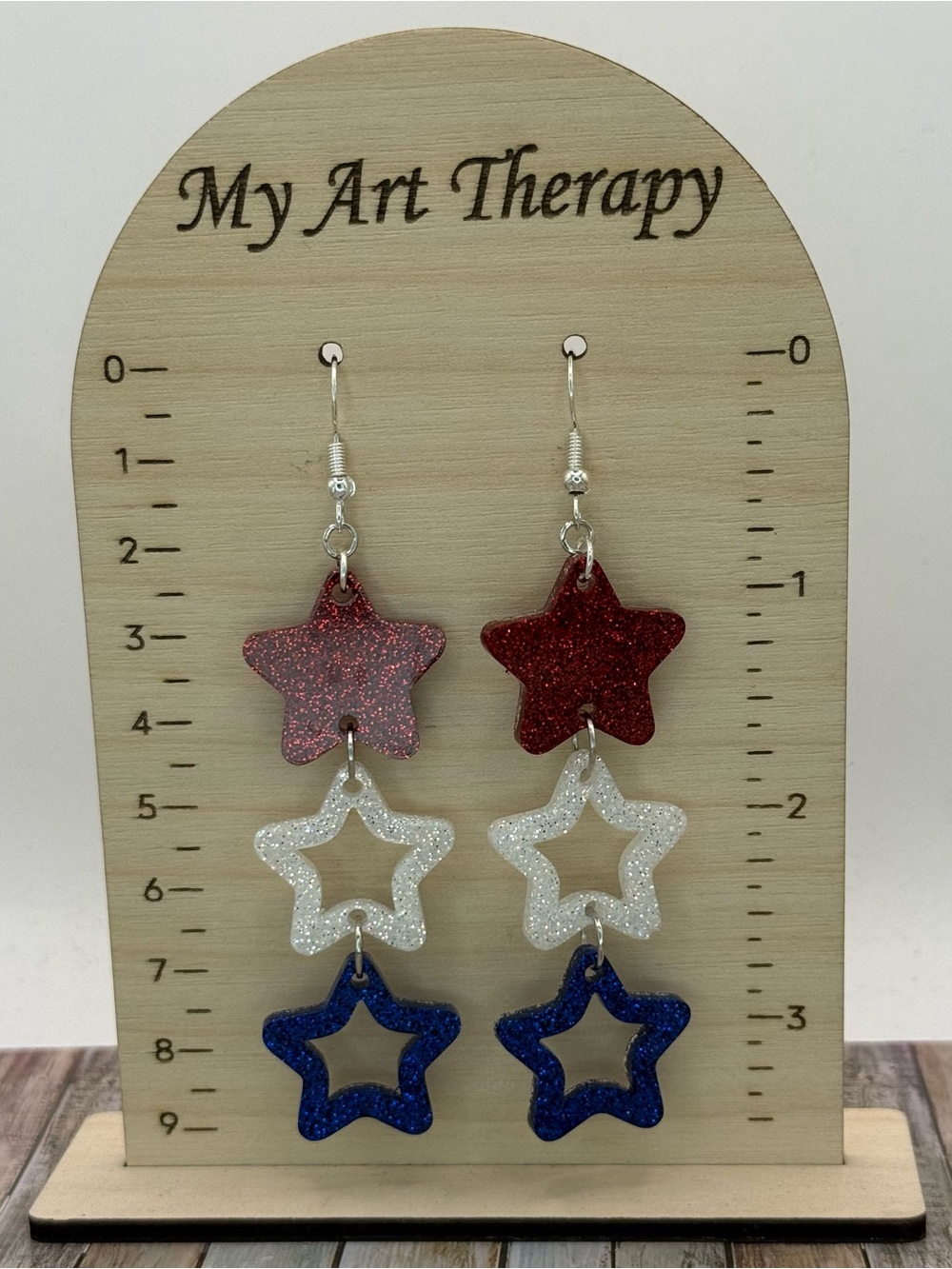 Patriotic Triple Star Dangle Earrings - Red White Blue Glitter